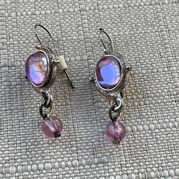 Vintage Earring Silver Tone Purple Faux Stone Drop Down Earring Jewelry - Picture 3 of 9